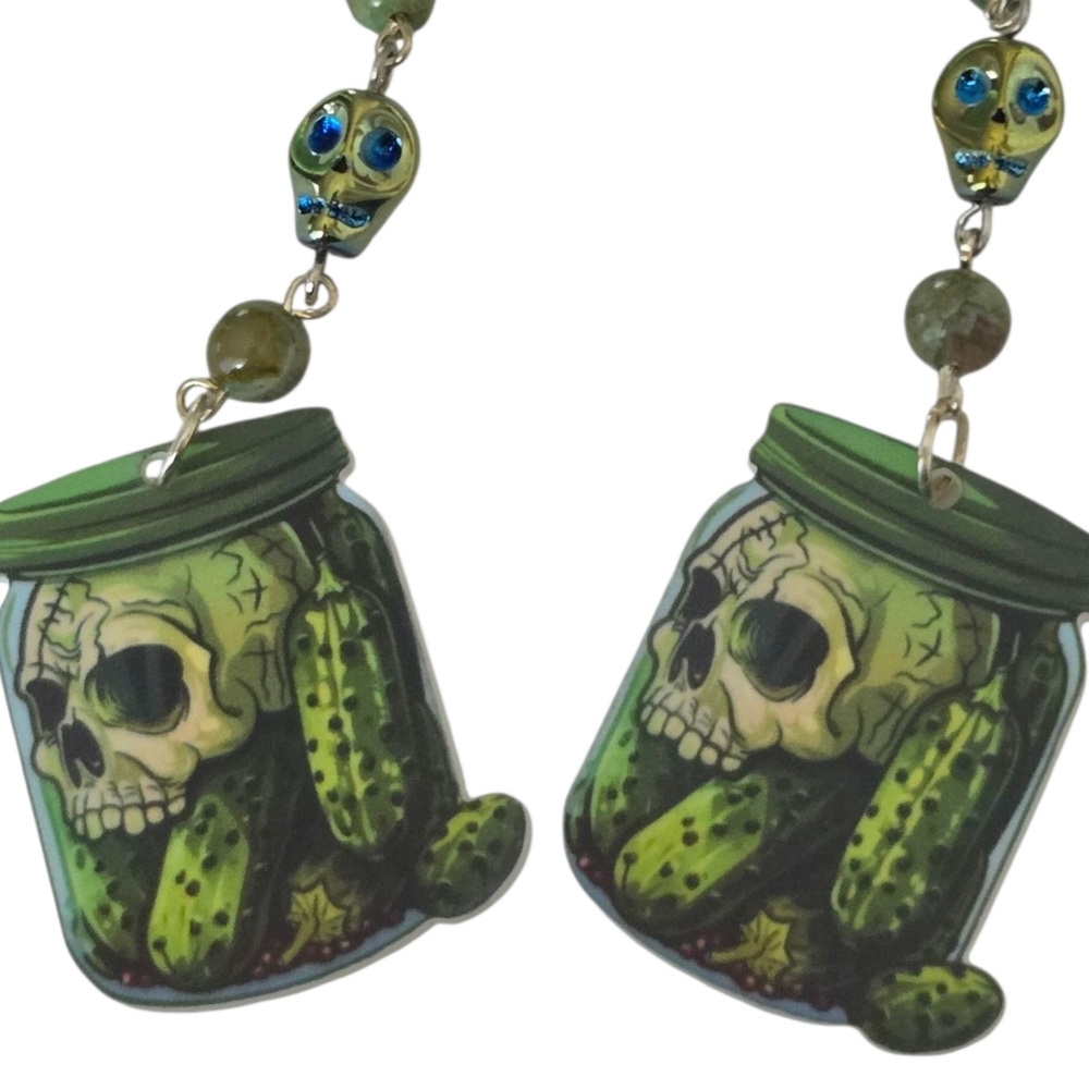 Halloween Skulls In Pickle Jars  Dangling Earrings Glass & Agate Beads NWOT